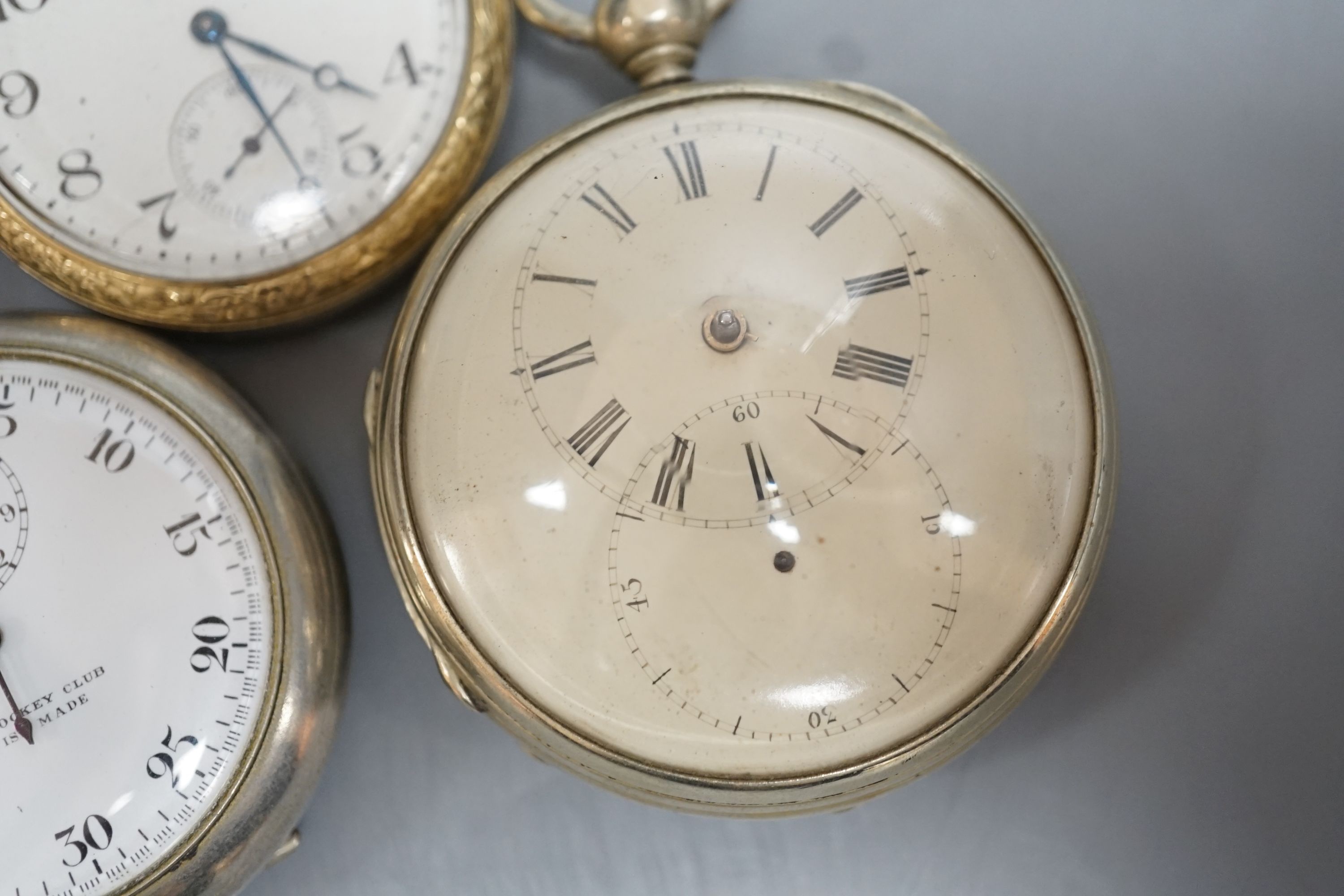 Three base metal pocket watches including 19th century pair case by Robert Weir, Dunbar(lacking hands).